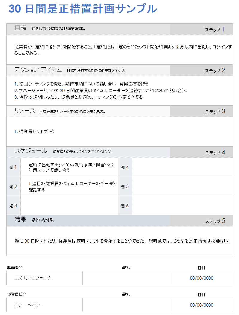 30 日間の是正措置計画のサンプル