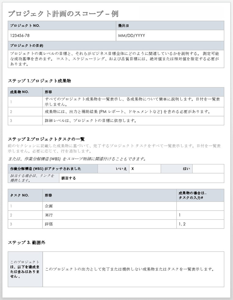 プロジェクト計画スコープのサンプルテンプレート